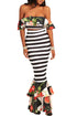Sexy Floral Ruffle Accent Striped Crop Top and Skirt Set